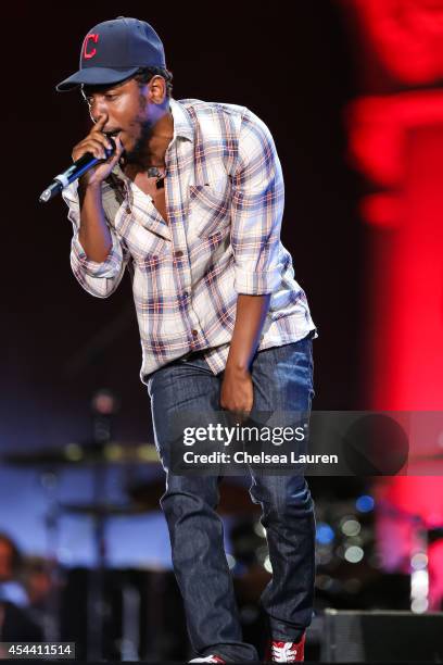 Rapper Kendrick Lamar performs during Day 1 of the Budweiser Made in America festival at Los Angeles Grand Park on August 30, 2014 in Los Angeles,...