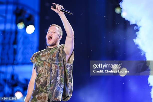 Vocalist Dan Reynolds of Imagine Dragons performs during Day 1 of the Budweiser Made in America festival at Los Angeles Grand Park on August 30, 2014...