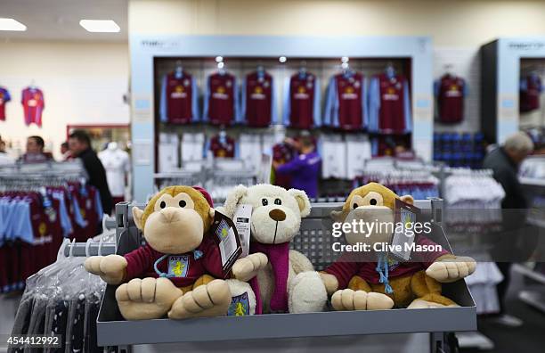 Aston Villa merchandise on sale in the club shop prior to the Barclays Premier League match between Aston Villa and Hull City at Villa Park on August...