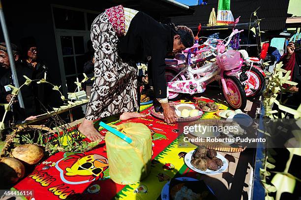 Dieng's religious leader prepares the Ruwatan Rambut Gimbal ceremony during Dieng Cultural Festival 2014 on August 31, 2014 in Dieng, Java,...