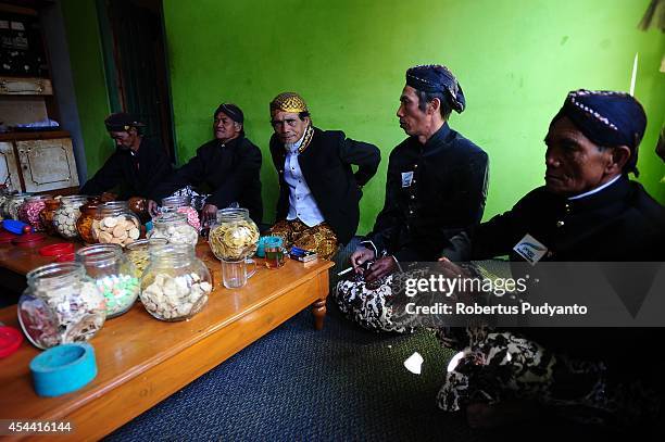 Dieng's religious leaders prepare the Ruwatan Rambut Gimbal ceremony during Dieng Cultural Festival 2014 on August 31, 2014 in Dieng, Java,...