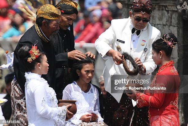 Young participants have their dreadlocked hair cut in the Ruwatan Rambut Gimbal ceremony during the Dieng Cultural Festival 2014 on August 31, 2014...