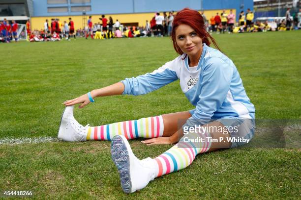 Amy Childs during the annual celebrity Soccer Six event at Mile End Stadium on August 31, 2014 in London, England.