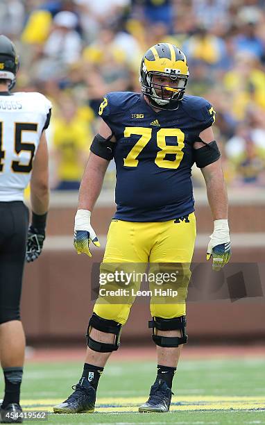 Erik Magnuson of the Michigan Wolverines looks to make the block during the second half of the game against the Appalachian State Mountaineers on...