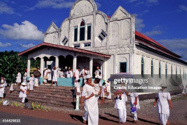 Western Samoa, Island Of SavaiI, Village Of Manase, People Dressed In White, Leaving Church After Mass.