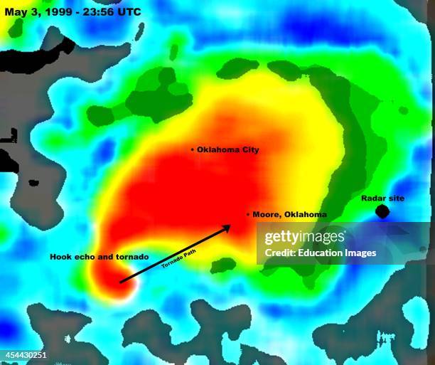Enhanced Doppler radar image of a classic hook echo From deadly tornado outbreak in Moore, Oklahoma.