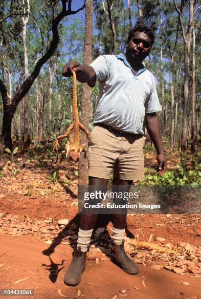 Australia, Northern Territory, Bathurt Island, One Of Two Tiwi Aboriginal Islands, Tiwi Man Holding Frill-Neck Lizard.