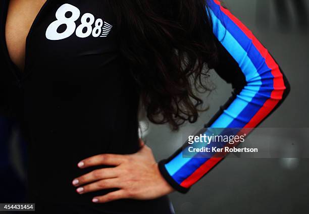 Triple Eight Race Engineering Team grid girl is seen before the Avon Tyres British GT Championship race at Brands Hatch on August 31, 2014 in...