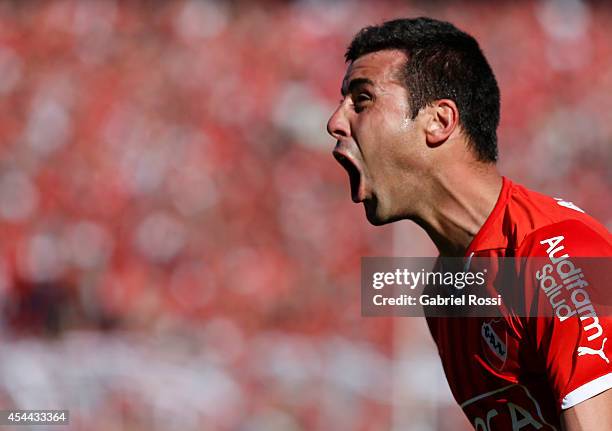 Sebastian Penco of Independiente celebrates after scoring the opening goal against Racing during a match between Independiente and Racing as part of...