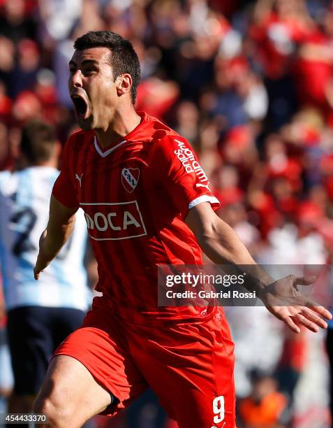 Sebastian Penco of Independiente celebrates after scoring the opening goal against Racing during a match between Independiente and Racing as part of...