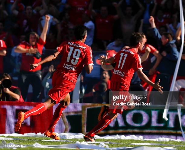 Federico Mancuello of Independiente celebrates after scoring the second goal against Racing during a match between Independiente and Racing as part...