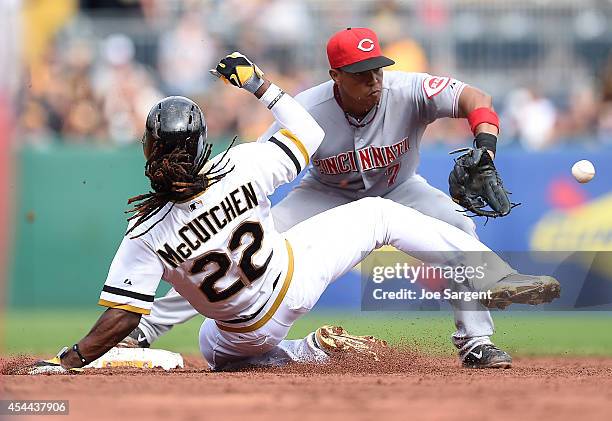 Andrew McCutchen of the Pittsburgh Pirates breaks up a double play attempt by Ramon Santiago of the Cincinnati Reds during the sixth inning on August...