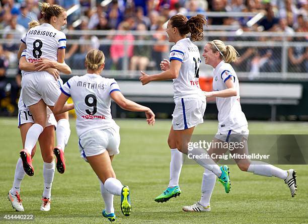 Amy Rodriguez of FC Kansas City celebrates after scoring a goal int he second half of the National Women's Soccer League Championship on August 31,...