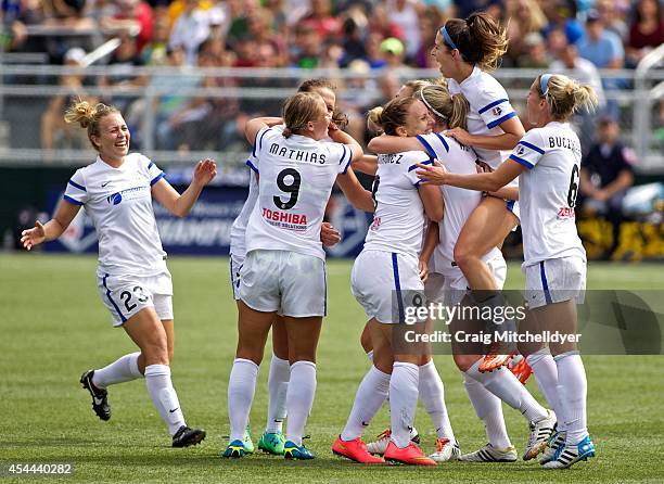 Amy Rodriguez of FC Kansas City celebrates after scoring a goal int he second half of the National Women's Soccer League Championship on August 31,...