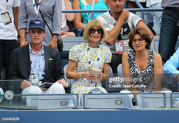 Anna Wintour seats between Shelby Bryan and Lynette Federer, Roger's mother during Day 7 of the 2014 US Open at USTA Billie Jean King National Tennis...