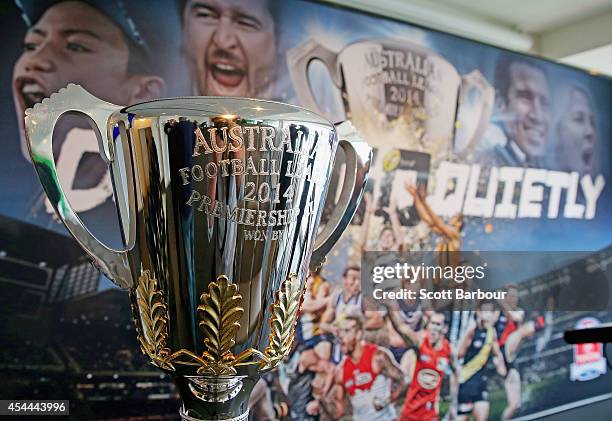 The 2014 AFL Premiership Cup on display during the AFL Premiership Cup handover on September 1, 2014 in Melbourne, Australia.