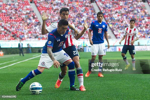 Alberto Garcia of Chivas fights for the ball with Rogelio Chavez of Cruz Azul during a match between Chivas and Cruz Azul a as part of Apertura 2014...
