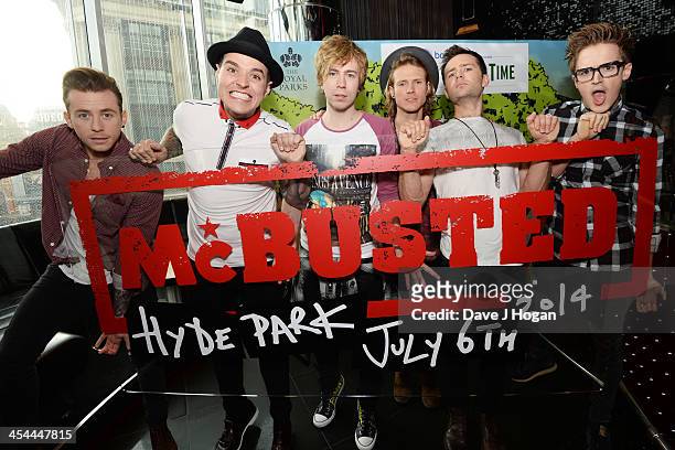 Tom Fletcher, Danny Jones, Dougie Poynter, Harry Judd, James Bourne and Matt Willis of McBusted attend a photocall to announce their date at...