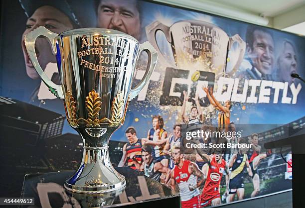 The 2014 AFL Premiership Cup on display during the AFL Premiership Cup handover on September 1, 2014 in Melbourne, Australia.