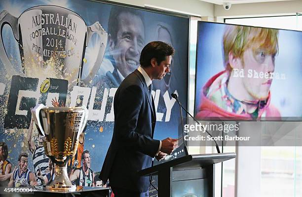 Gillon McLachlan announces that musician Ed Sheeran will perform on Grand Final day during the AFL Premiership Cup handover on September 1, 2014 in...