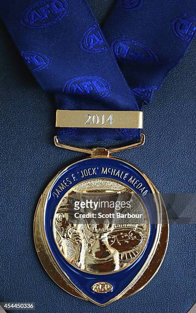 The Jock McHale Medal, which is an award given to the coach of the winning premiership team in the AFL on display during the AFL Premiership Cup...