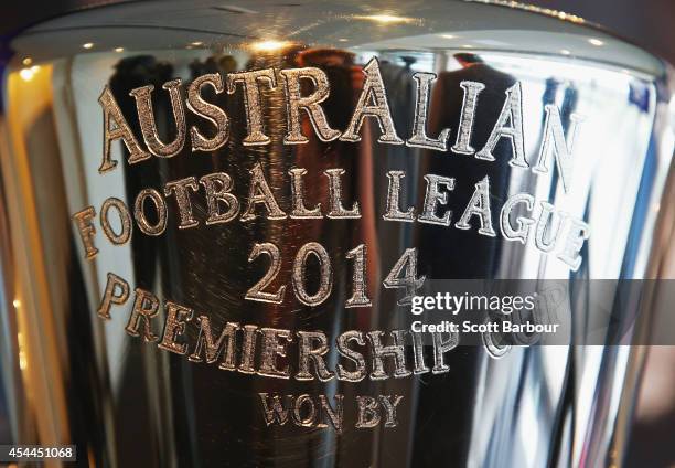 Detail of the 2014 AFL Premiership Cup on display during the AFL Premiership Cup handover on September 1, 2014 in Melbourne, Australia.