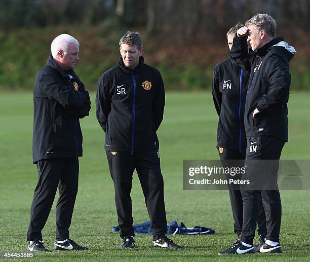 Manager David Moyes of Manchester United in action during a first team training session, ahead of their UEFA Champions League Group A match against...