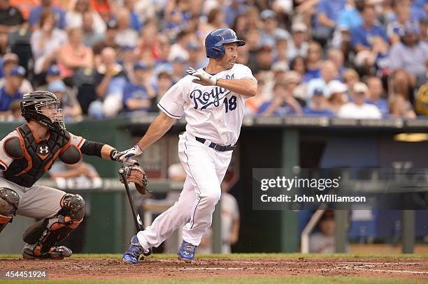 Raul Ibanez of the Kansas City Royals bats and runs to first base from the batter's box in the game against the San Francisco Giants on August 9,...