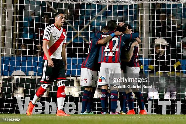 Mauro Matos of San Lorenzo celebrates with his teammates after scoring the first goal during a match between San Lorenzo and River Plate as part of...