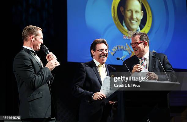 Todd McKenney, John Frost and Lyndon Terracini attend the Anything Goes cast announcement on September 1, 2014 in Sydney, Australia.