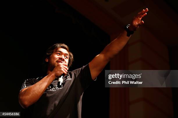 Steven Luatua of the All Blacks takes part in a New Zealand All Blacks community show at the Napier Municipal Theatre on September 1, 2014 in Napier,...