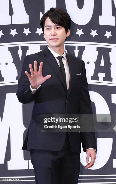 Super Junior attend their 7th album "MAMACITA" press conference at Imperial Palace on August 28, 2014 in Seoul, South Korea.