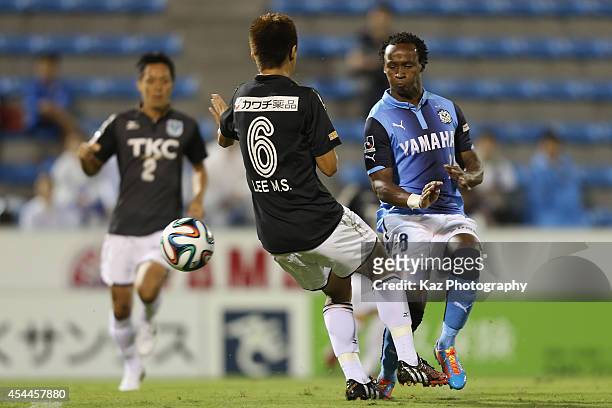 Tinga, whose real name is Luiz Otavio Santos de Araujo and Lee Min-soo of Tochigi SC compete for the ball during the J.League second division match...