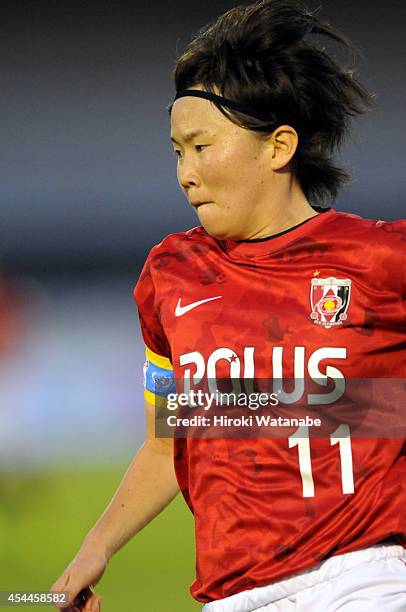 Michi Goto of Uwara Reds Ladies in action during the Nadeshiko League Exciting Series match between Urawa Red Diamonds Ladies and INAC Kobe Leonessa...