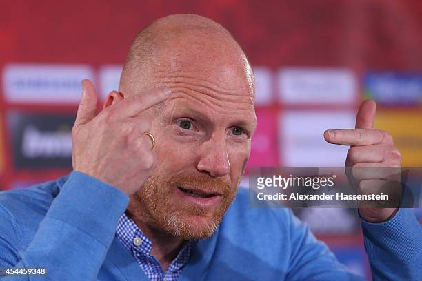 Matthias Sammer, sporting director of FC Bayern Muenchen talks to the media during a press conference at Bayern Muenchen's headquarter Saebener...