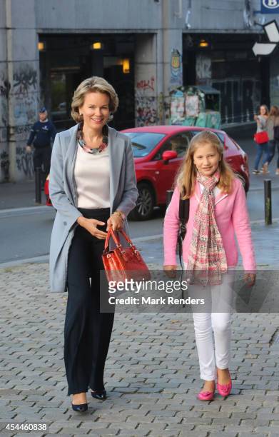 Queen Mathilde of Belgium and Princess Elisabeth, Duchess of Brabant arrive at Sint-Jans Berghmanscollege to attend the first of the day of the...