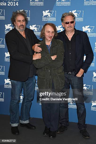 Gustave Kervern, Michel Houellebecq and Benoit Delepine attend the 'Near Death Experience' Photocall during the 71st Venice Film Festival at Palazzo...