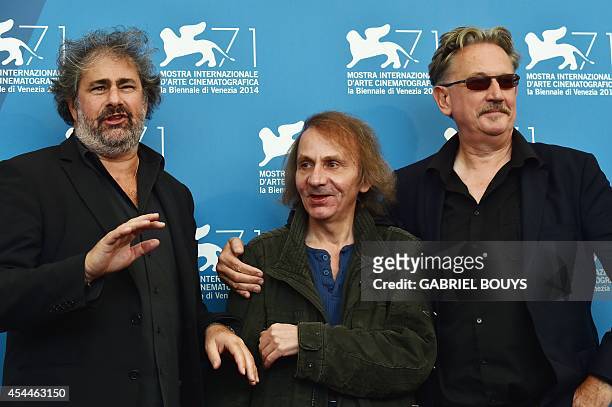 French director Gustave Kervern , French writer Michel Houellebecq and French director Benoit Delepine pose during the photocall of the movie "Near...