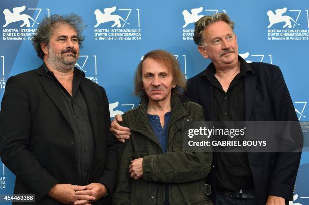 French director Benoit Delepine , French director Gustave Kervern and French writer Michel Houellebecq pose during the photocall of the movie "Near...