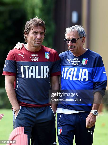 Coach Italy Antonio Conte and Doctor Enrico Castellacci during Italy Training Session at Coverciano on September 1, 2014 in Florence, Italy.