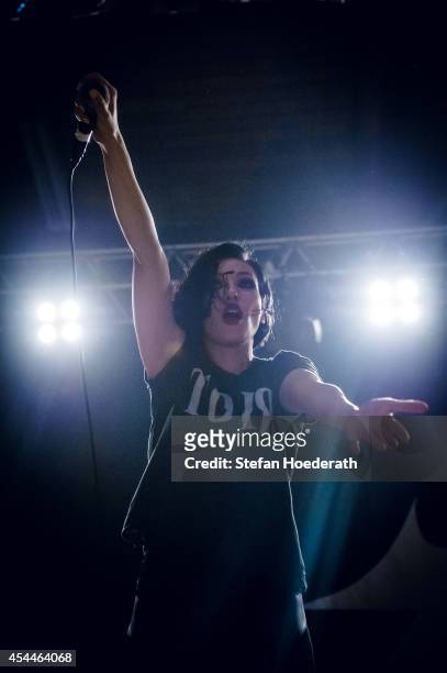 Singer Nic Endo of German band Atari Teenage Riot performs live on stage during day 1 of the Greenville Festival on July 26, 2013 in Paaren im Glien...