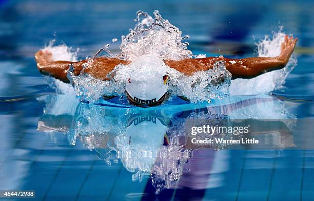 Franziska Hentke of Germany competes in the Women's 200m Butterfly final during day two of the FINA Swimming World Cup at Hamdan Sports Complex on...