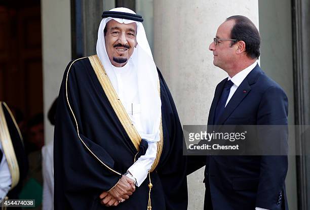 French President Francois Hollande welcomes Saudi Crown Prince Salman Bin Abdulaziz Al-Saud prior their meeting at the Elysee Presidential Palace on...