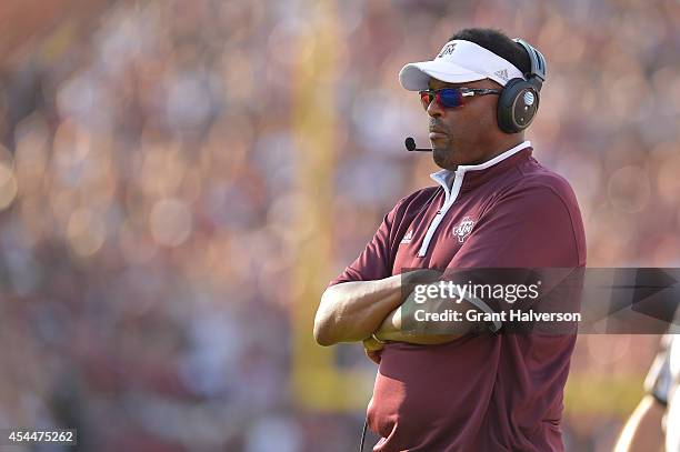 Head coach Kevin Sumlin of the Texas A&M Aggies watches his team play against the South Carolina Gamecocks during their game at Williams-Brice...