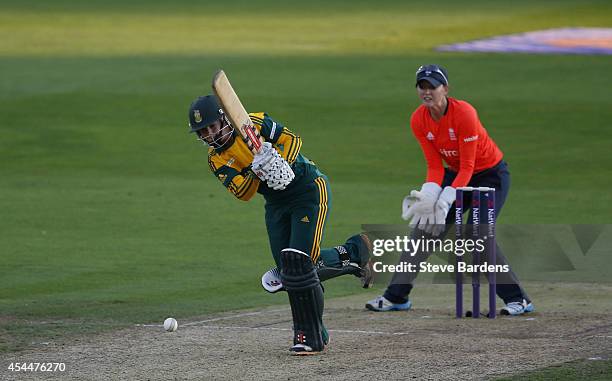 Dane Van Niekerk of South Africa plays a shot during the NatWest Women's International T20 match between England Women and South Africa Women at Ford...