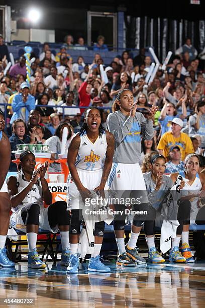 Jamierra Faulkner and Courtney Clements of the Chicago Sky cheer on their team from the bench during game two of the WNBA Eastern Conference Finals...