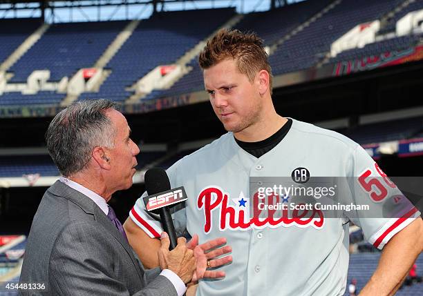 Jonathan Papelbon of the Philadelphia Phillies is interviewed by Tim Kurkjian after being part of a four pitcher no-hitter against the Atlanta Braves...