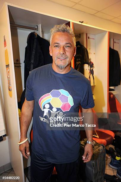 Roberto Baggio attends in the locker room of players before of the Interreligious Match For Peace at Olimpico Stadium on September 1, 2014 in Rome,...