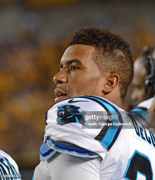 Safety Thomas DeCoud of the Carolina Panthers looks on from the sideline during a preseason game against the Pittsburgh Steelers at Heinz Field on...