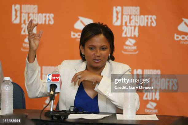 Chicago Sky Head Coach Pokey Chatman responds to question from the media during a press conference following game two of the WNBA Eastern Conference...